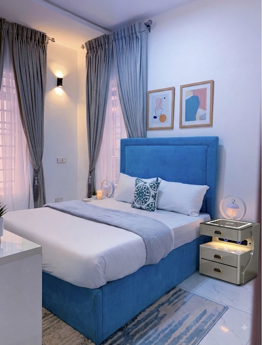 Smart bedside table in Nigerian bedroom