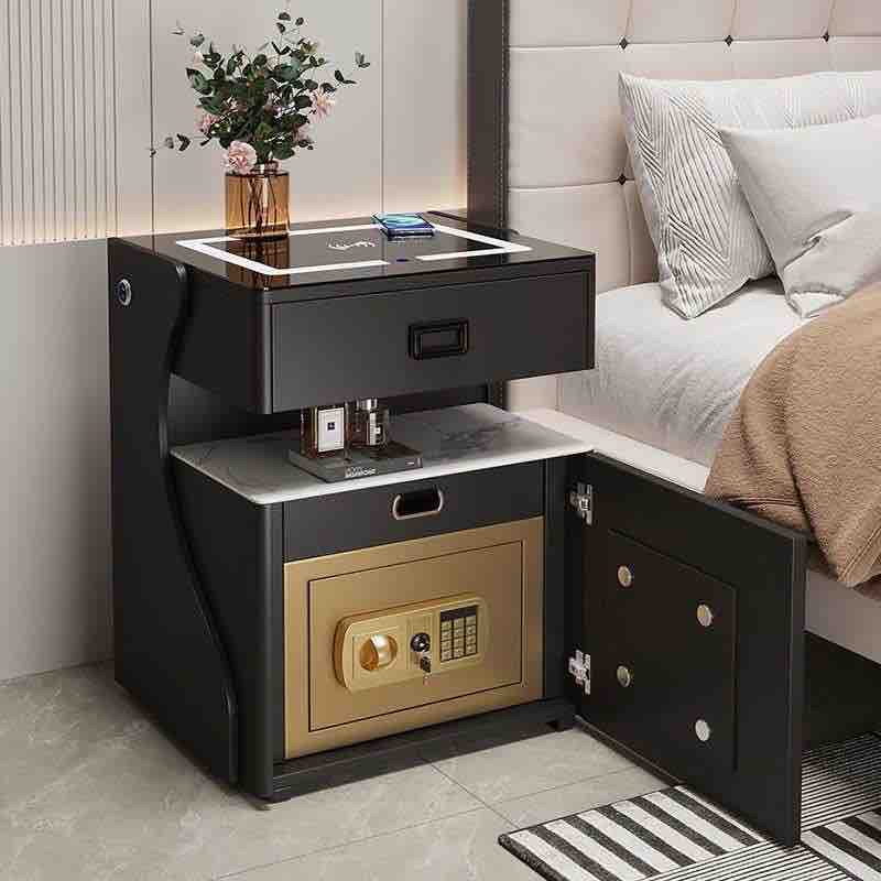Obsidian Black Smart Bedside Table with Open Safe