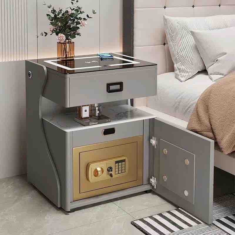 Executive Gray Smart Bedside Table with Open Safe